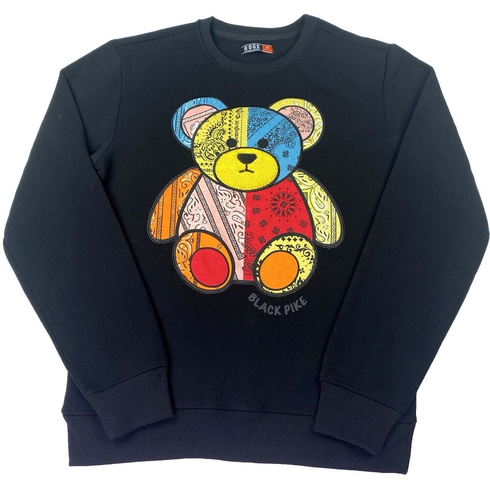 Huge Black Pike Patchwork Bear Sweatshirt Mens Medium Colorful Graphic Pullover